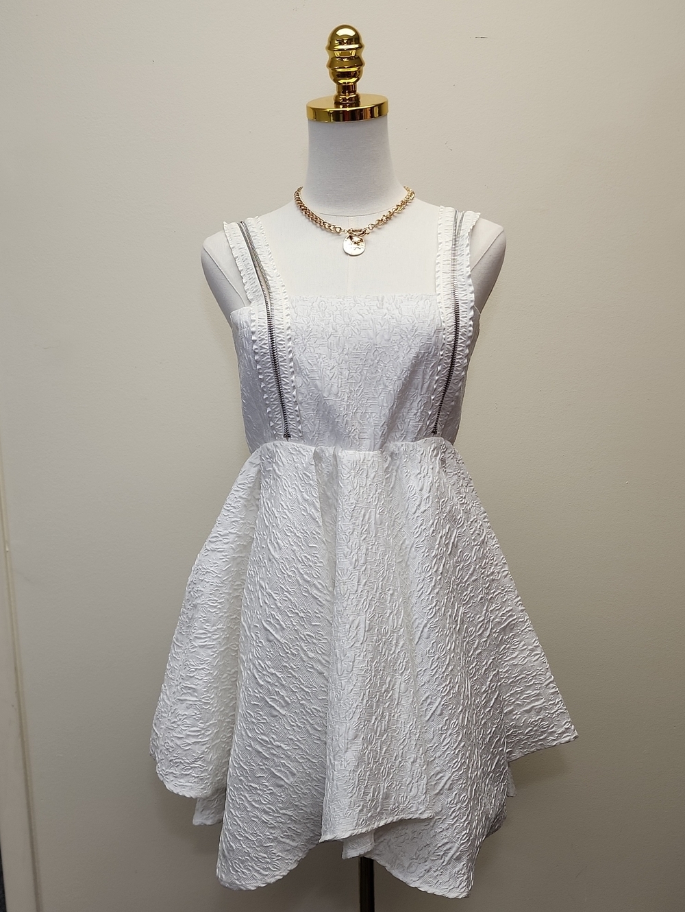 Marc Moore White Textured Zipper Straps Fit & Flare Dress Size Medium